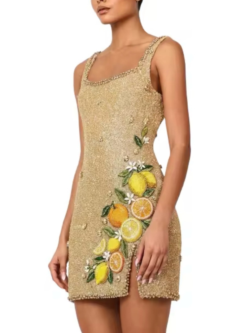 Embellished Floral Mini Dress in Brown & Gold L New heavily beaded